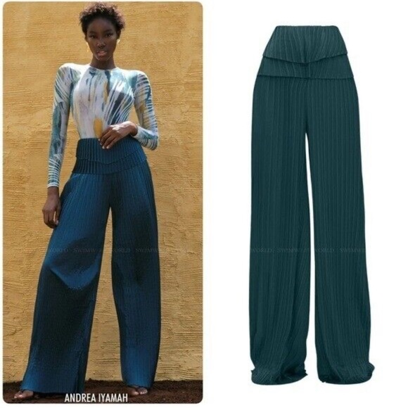 🆕ANDREA IYAMAH LINEA PLEATED PANTS Blue-Green  Sz S - Picture 1 of 8
